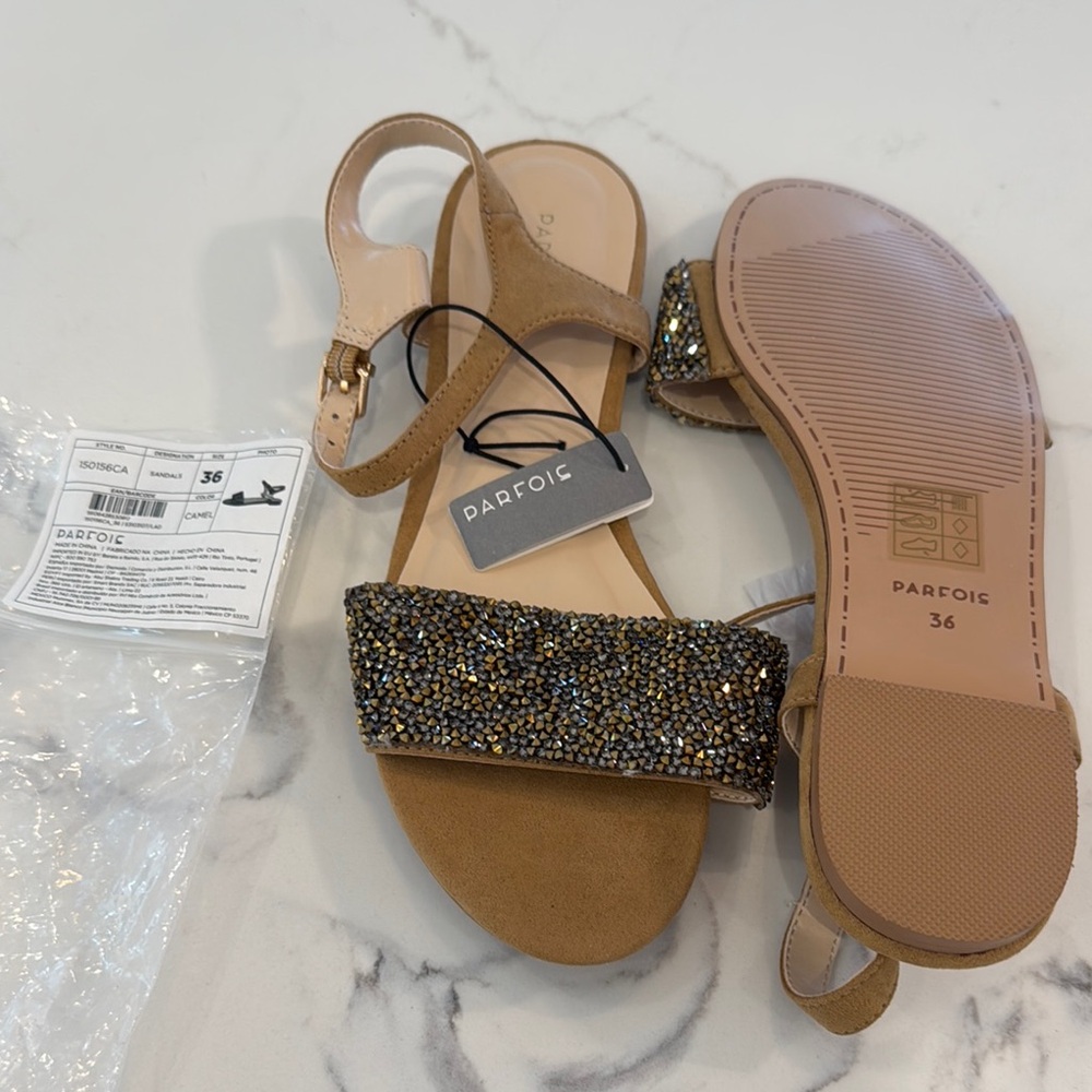 Elegant Tan and Gold Sandals with Sparkly Strap